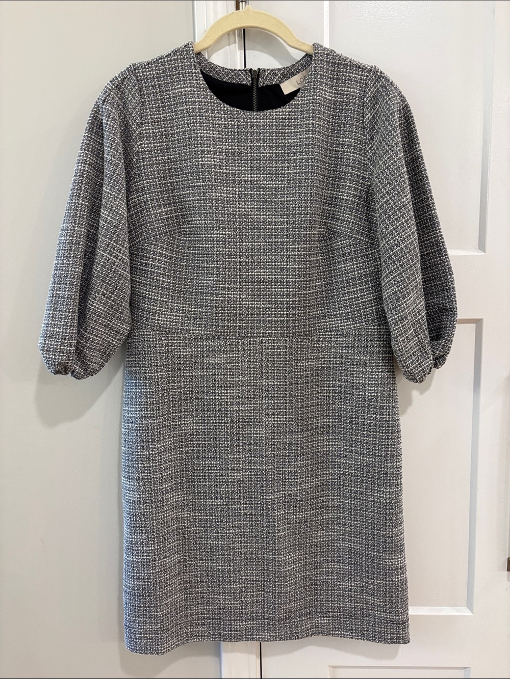 LOFT Gray Tweed Puff-Sleeve Midi Dress